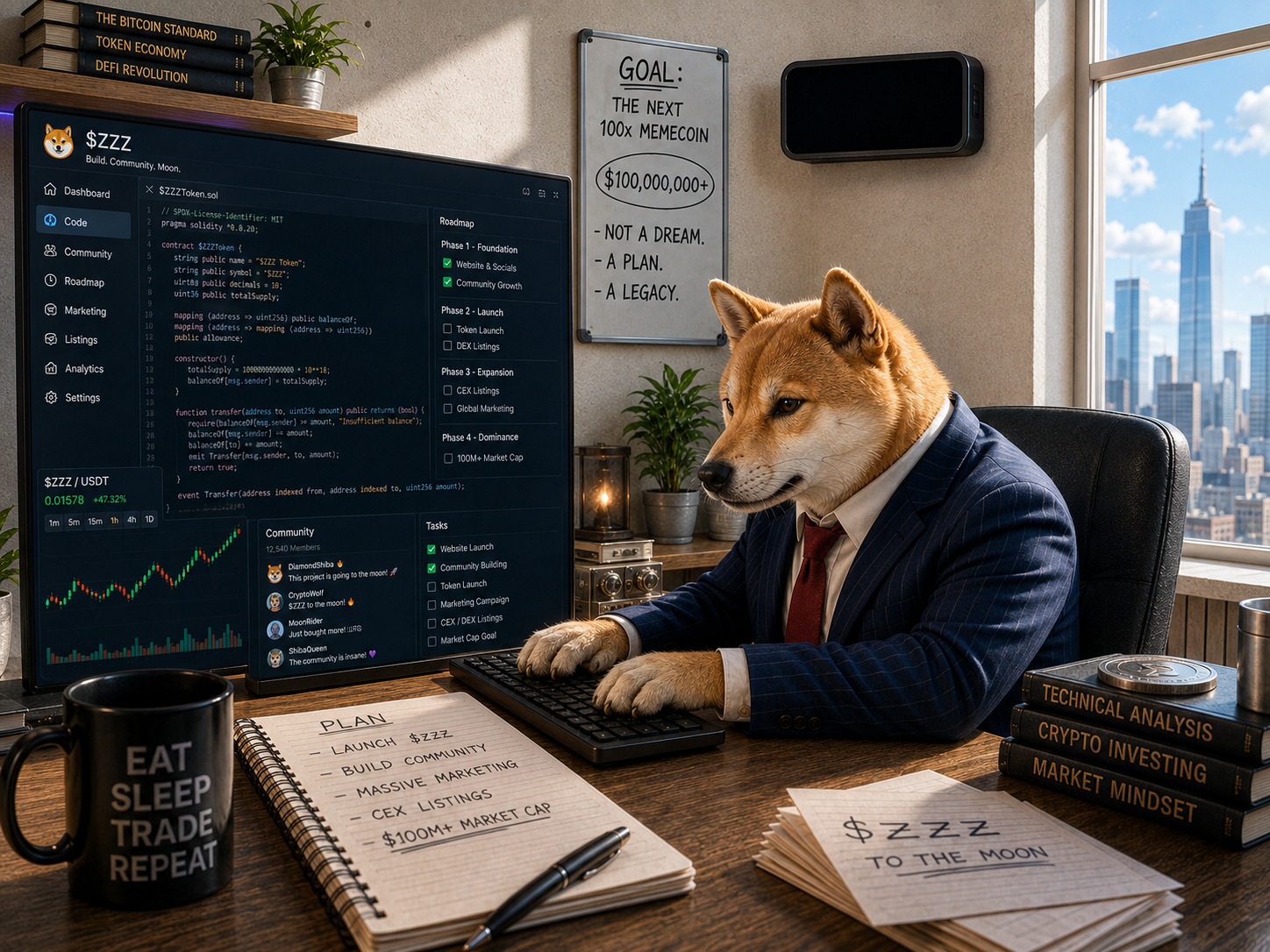 Wall Street Shiba working at his desk in daylight